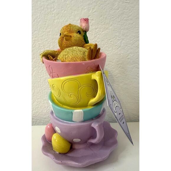 Tophat & Tail Easter Chick Inside Pastel Teacups Figurine Spring Tabletop Decor - Picture 3 of 5